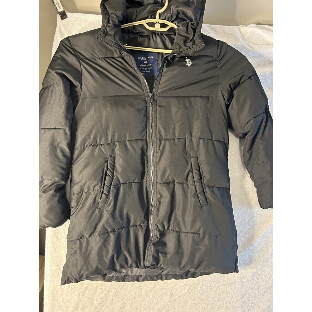 US Polo Assn Womens Black Puffer Jacket Hooded Quilted Zip Coat Size M